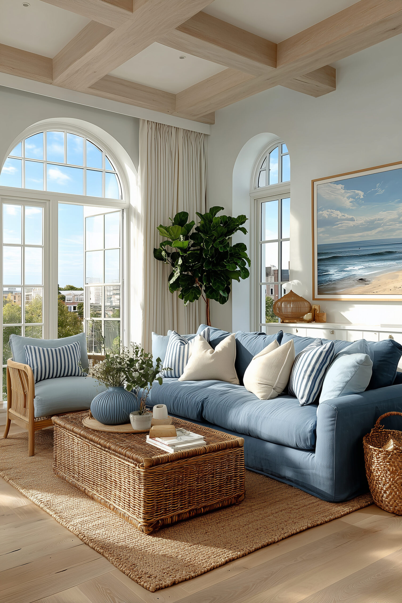 Vast bright coastal living room with navy sofa, powder blue oak-frame armchairs, woven rattan coffee table, jute rug, fiddle-leaf fig and garden view windows
