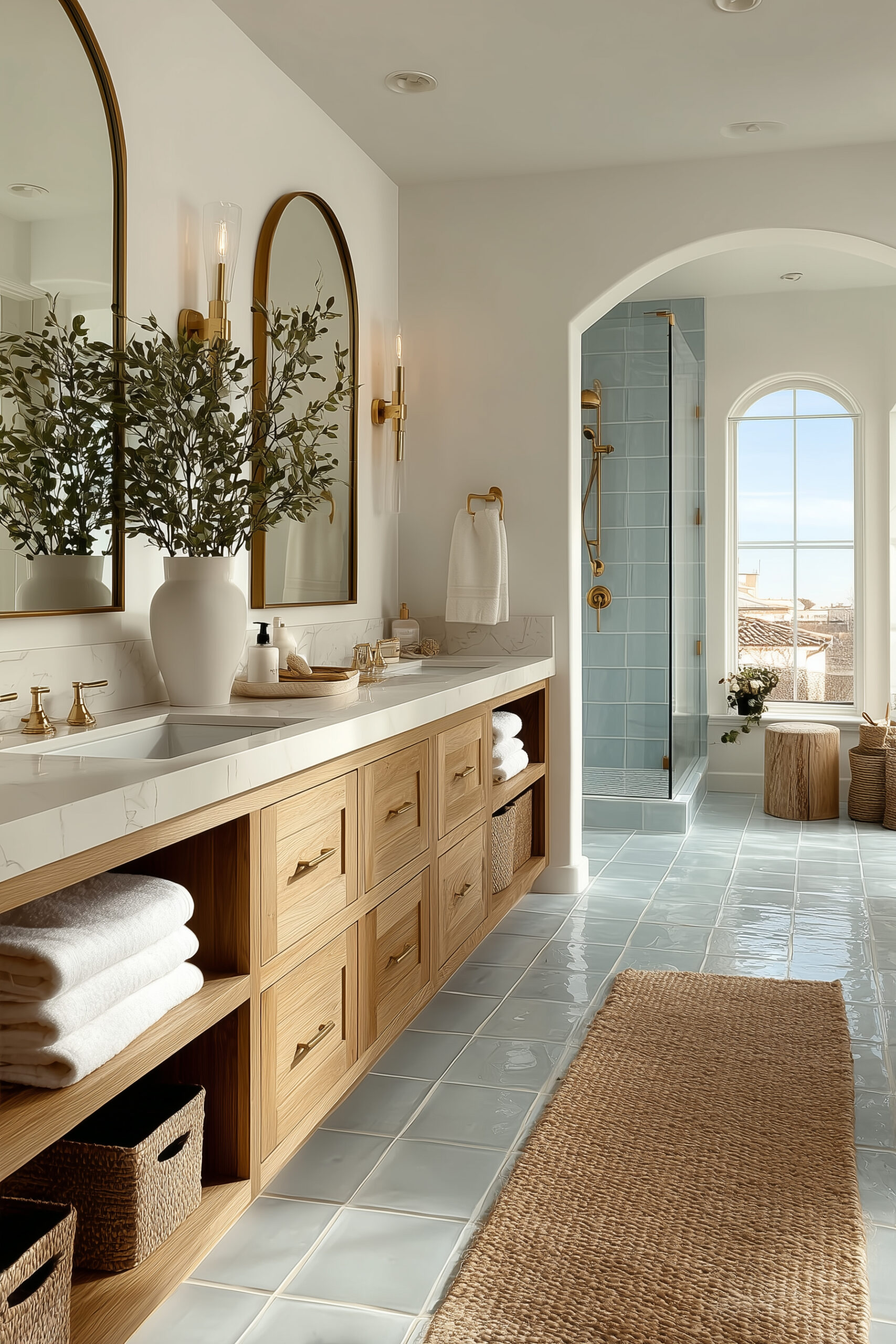Vast bright modern coastal bathroom with light oak double vanity, brass arched mirrors, dusty blue glazed shower tiles, brass fixtures and frosted window with natural light