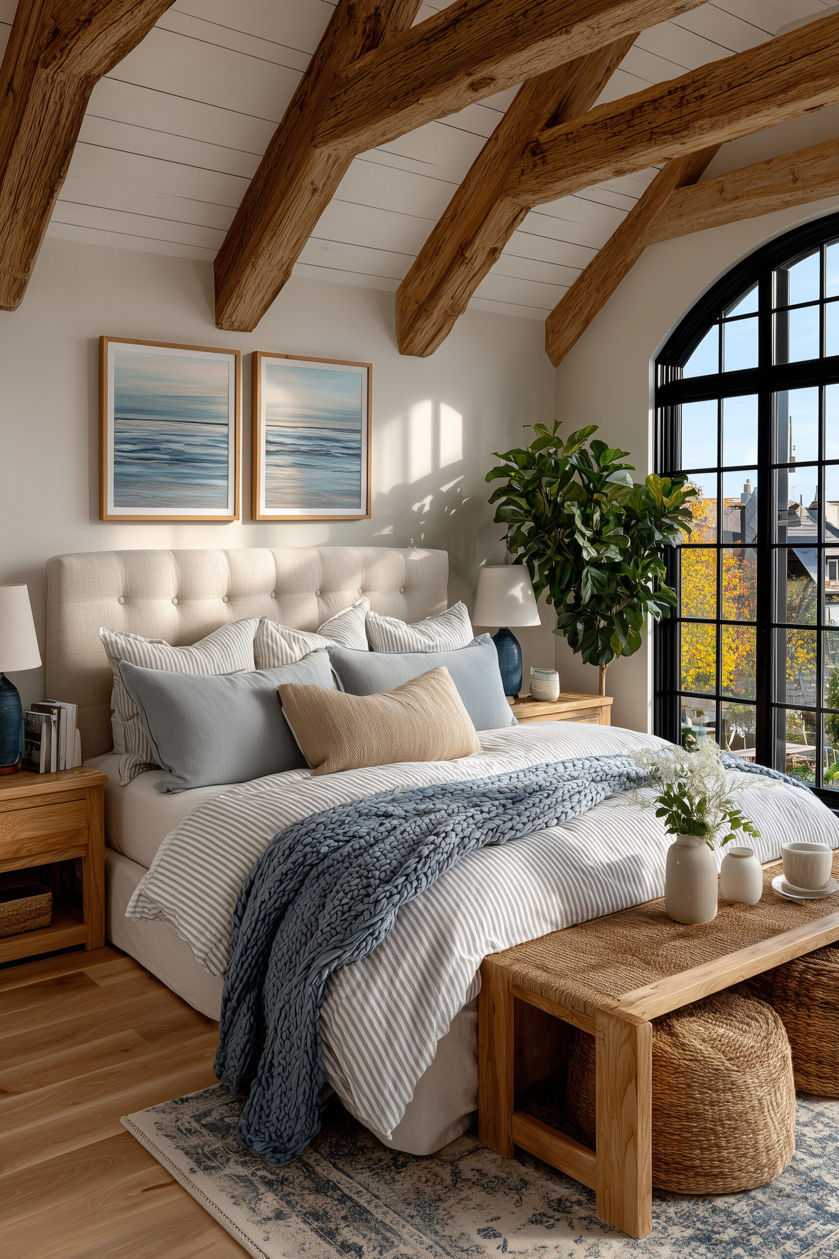 Vast modern coastal bedroom with vaulted ceiling, exposed wood beams, cream wingback headboard, dusty blue pillows, grey stripe duvet, blue ceramic lamps, shiplap wall and garden view window