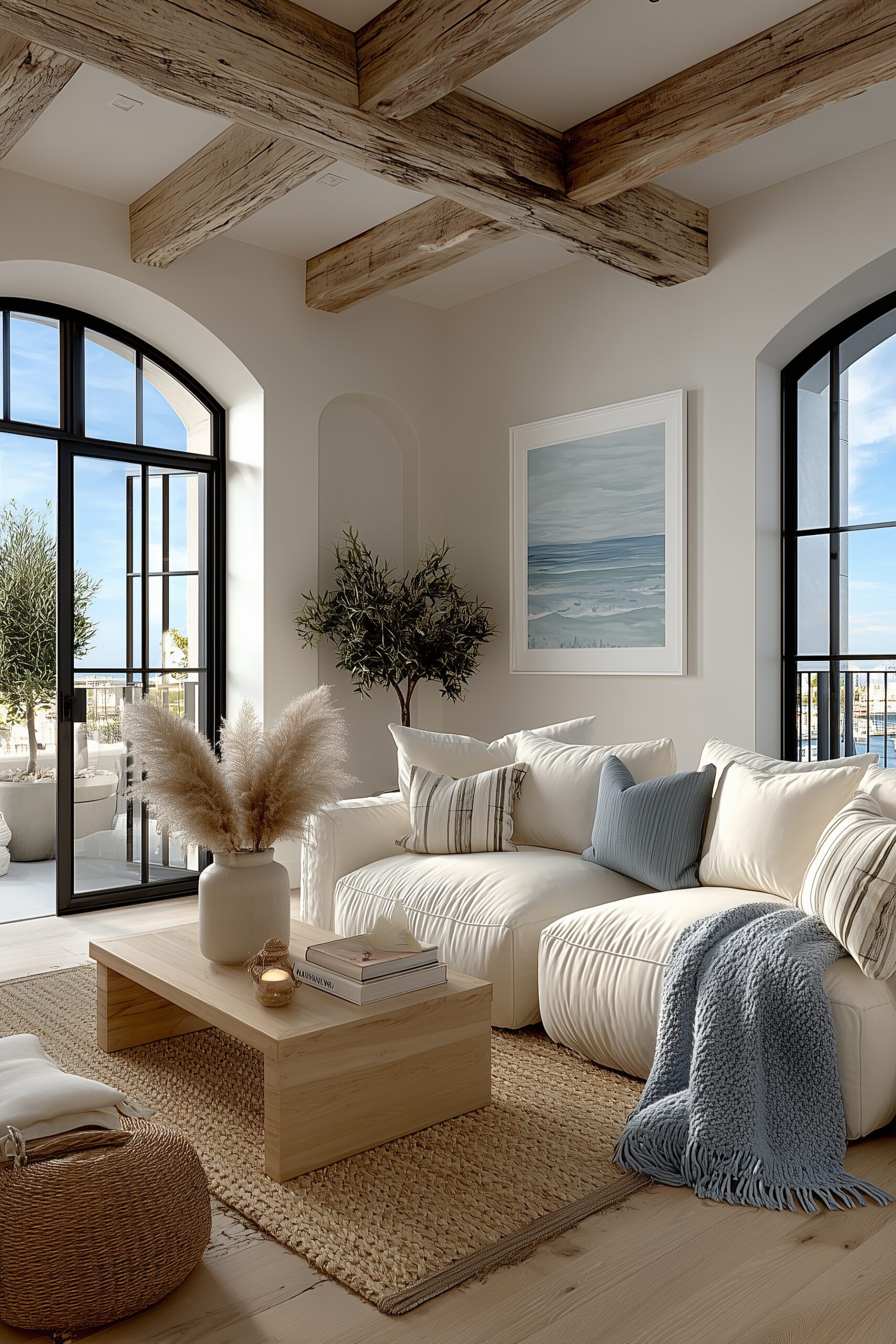 Spacious modern coastal living room with oversized cream boucle cloud sofa, dusty blue pillows, jute rug, exposed wood ceiling beams and arched black-framed windows overlooking green trees