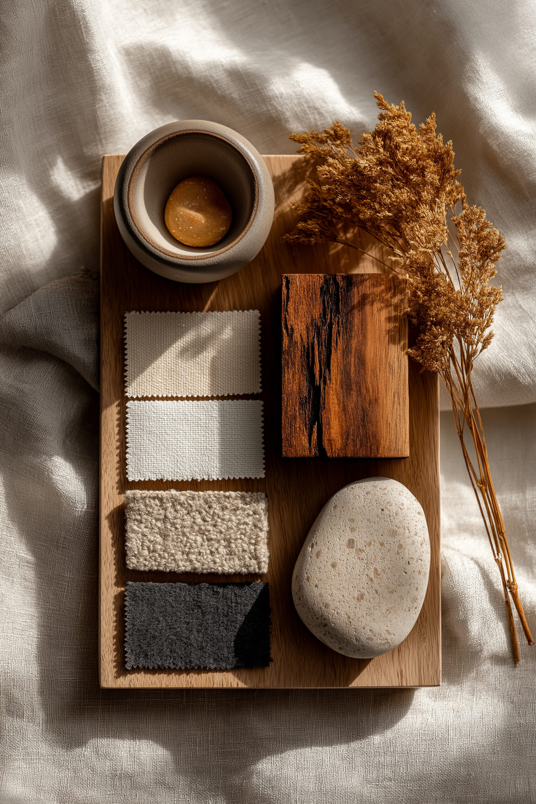 japandi bedroom material palette with fabric swatches in warm
white linen boucle and charcoal, walnut wood, stone and ceramics