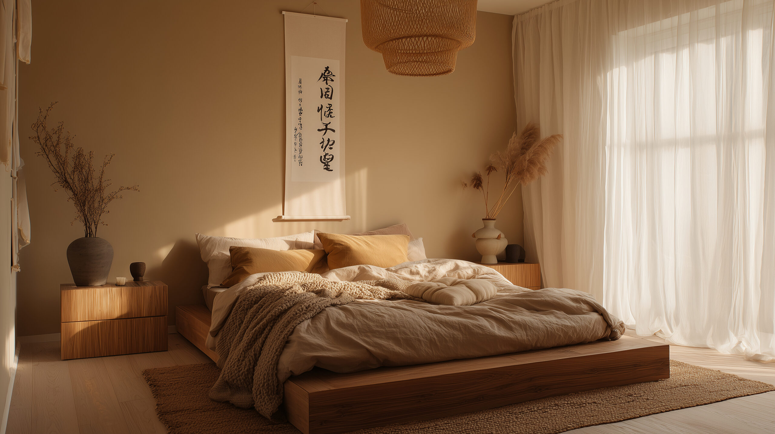 serene japandi bedroom with clean walnut platform bed, linen bedding, rattan pendant and Japanese calligraphy scroll flooded with warm morning light