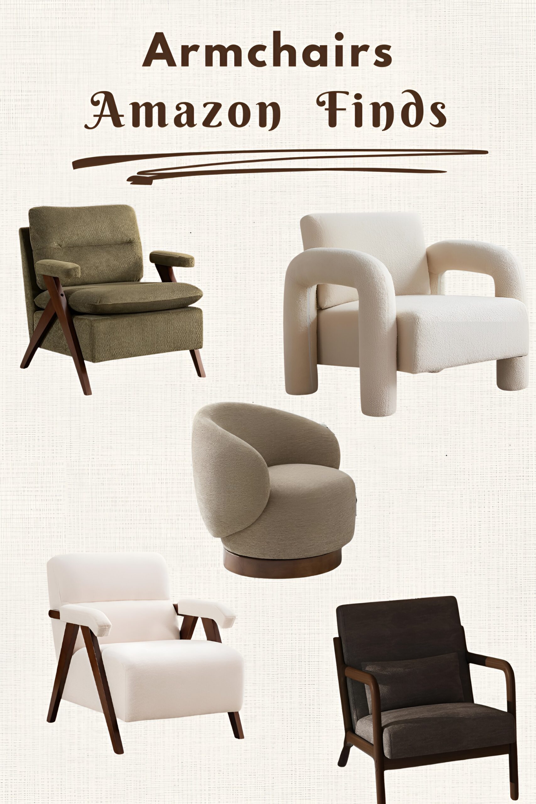 Collage of 5 armchairs from Amazon including olive green recliner, cream boucle chair, tan swivel chair, and wood-frame accent chairs.