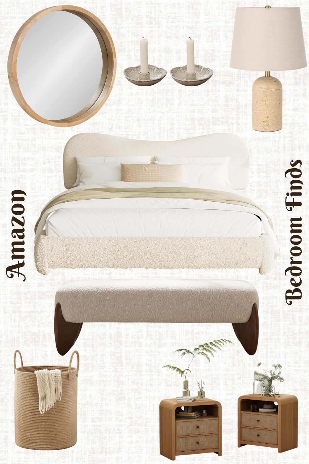 Neutral bedroom decor collage featuring boucle bed frame, rattan nightstands, round wood mirror, and travertine table lamp from Amazon