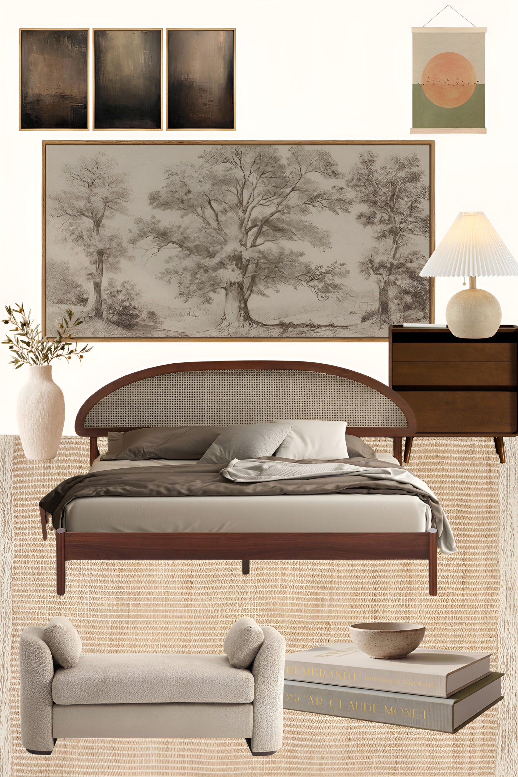 Japandi bedroom decor collage featuring Amazon finds for bed frame, linens, and lighting