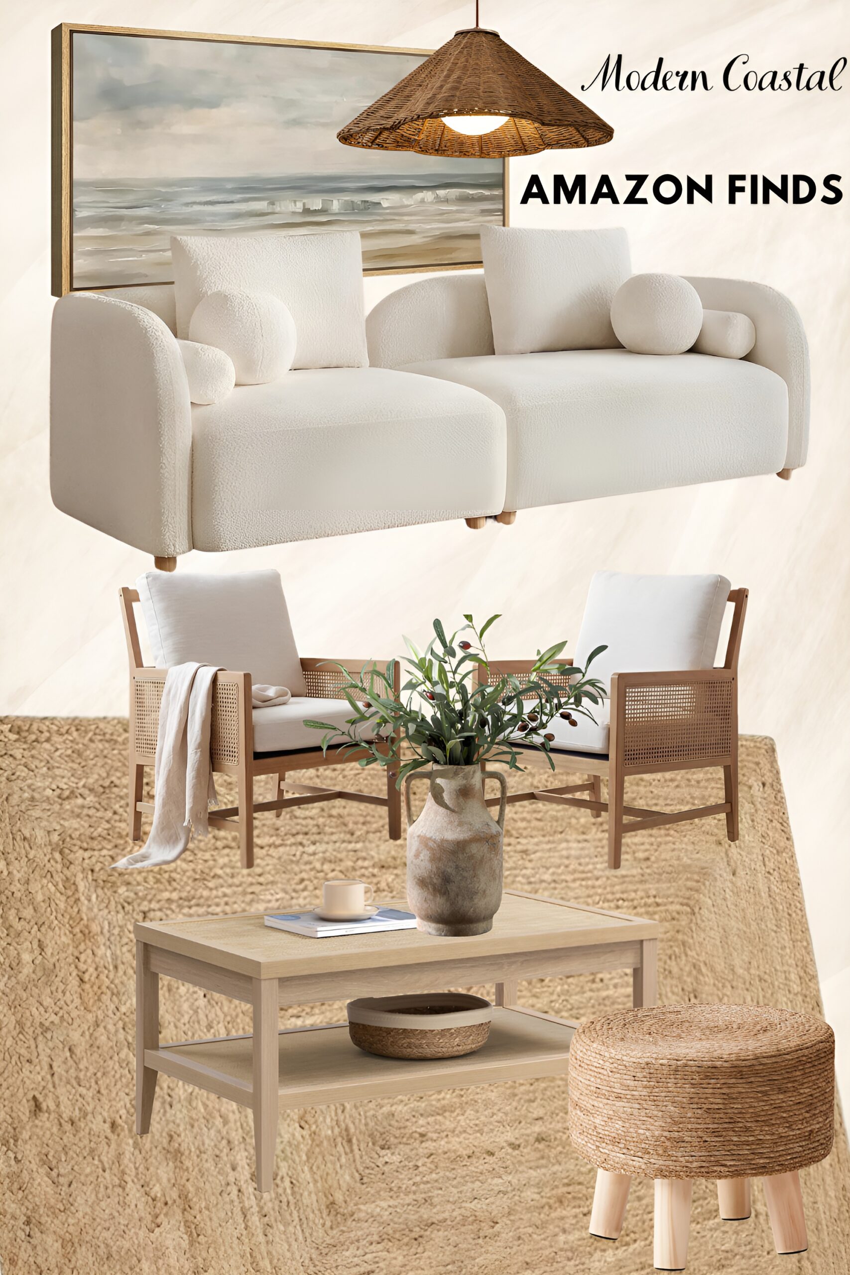 Modern coastal living room decor collage with woven rattan chair, linen sofa, and jute rug Amazon finds
