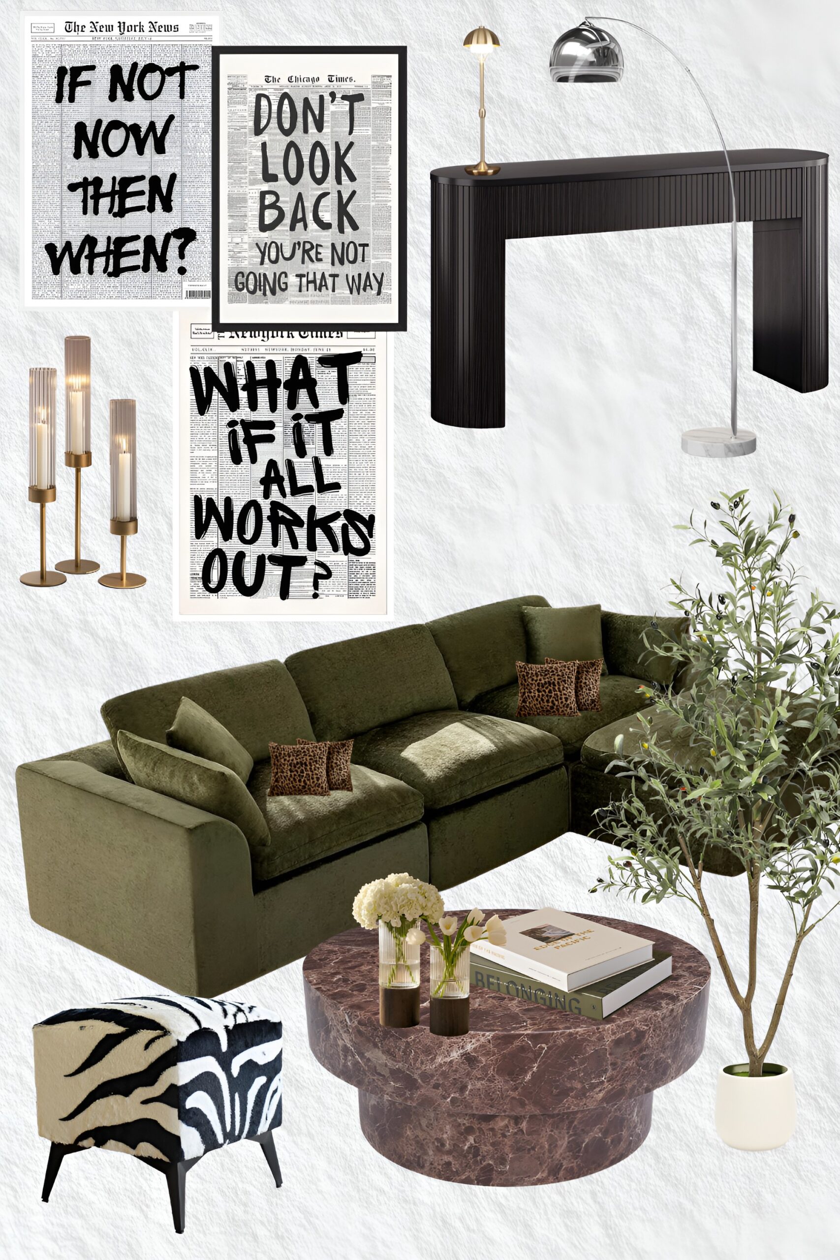 Moody cool-girl living room collage with olive sofa, zebra ottoman, and brass accents — Amazon finds