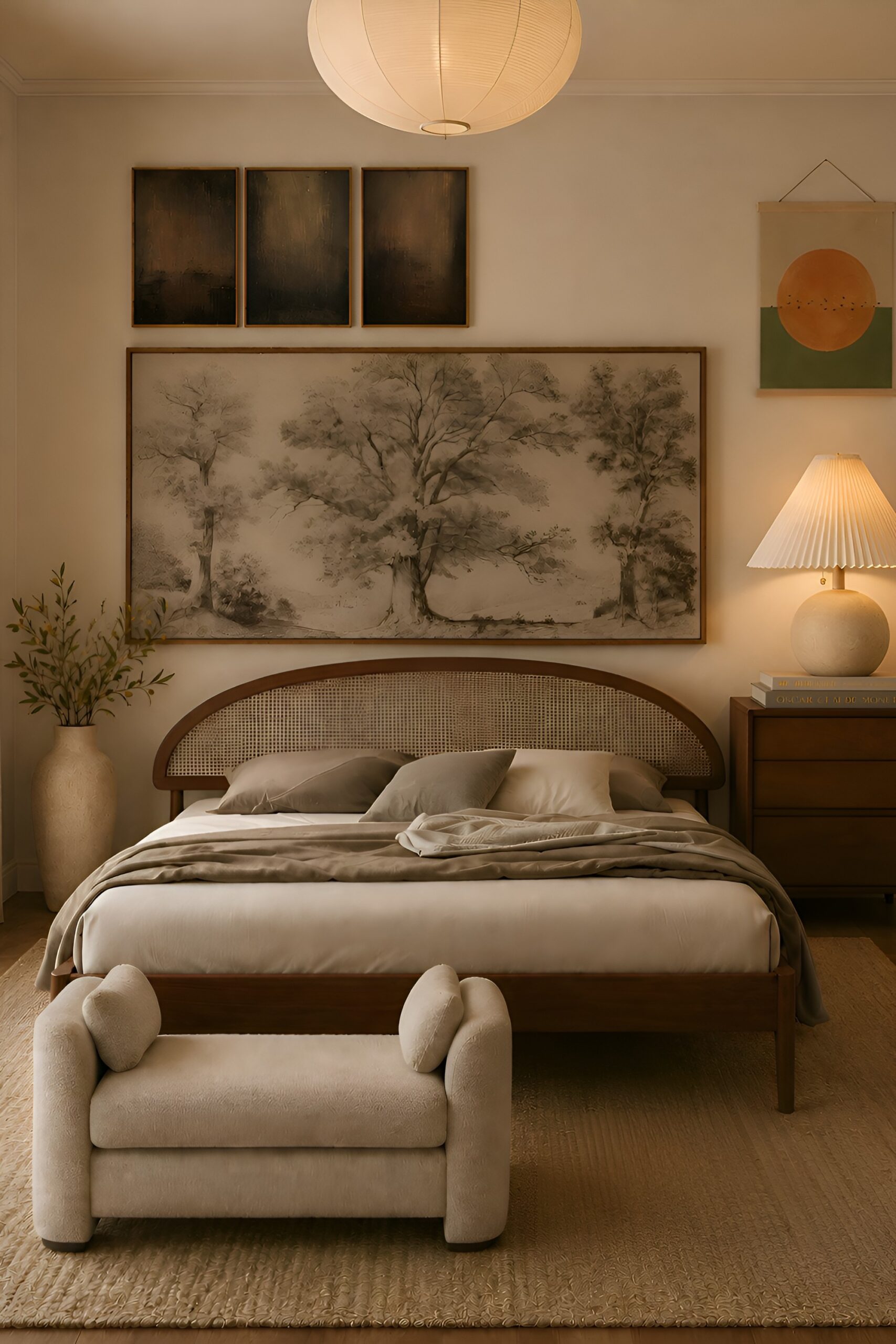 Warm Japandi bedroom with cane headboard, boucle bench, jute rug, and gallery wall