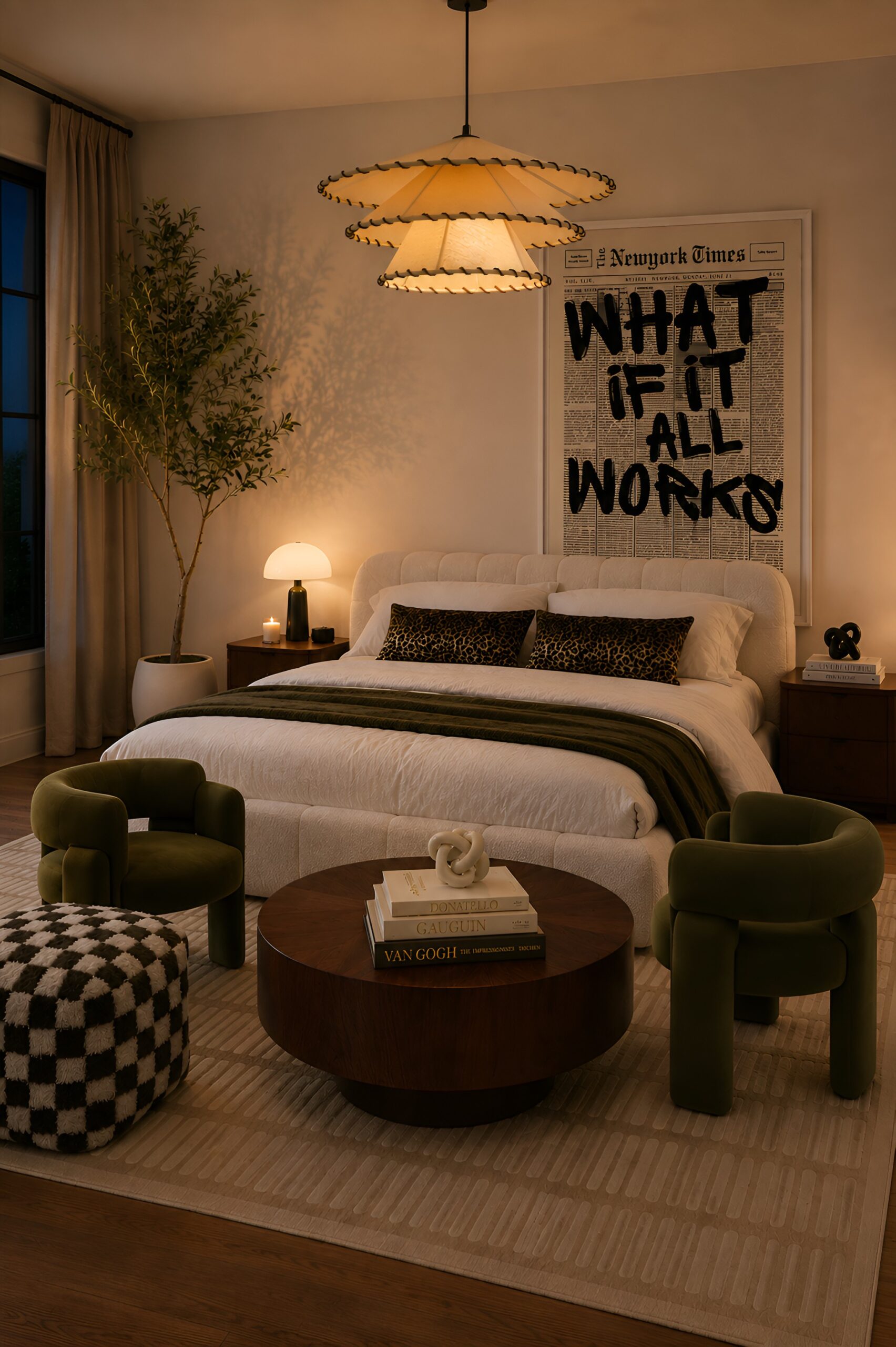 Modern eclectic bedroom with boucle bed, leopard print pillows, olive green velvet accent chairs, and checkered pouf