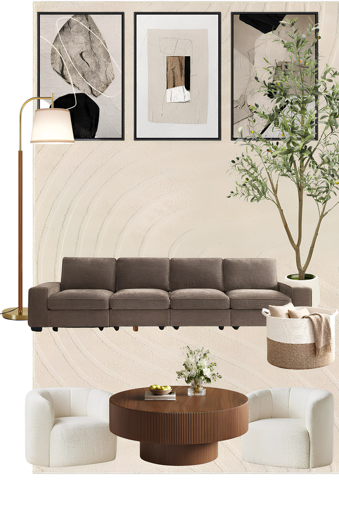 Transitional living room decor Amazon finds collage with sofa, chairs, coffee table and accents